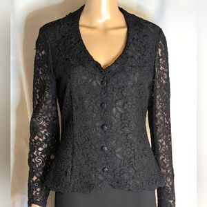 Talbots Black Lace Jacket scalloped hem lined body semi sheer sleeves sz 8